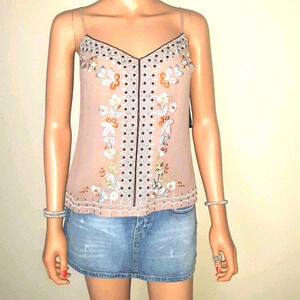 French Connection Tan Embroidered Vneck Tank Top
